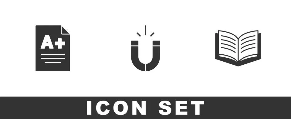 Set Exam sheet with A plus grade, Magnet and Open book icon. Vector Stock Illustration