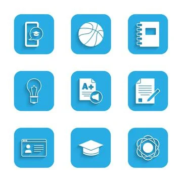 Set Exam sheet with A plus grade, Graduation cap, Atom, and pencil, Online class Stock Illustration