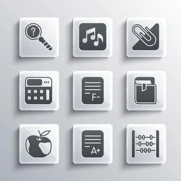 Set Exam sheet with A plus grade, Abacus, Book, paper incorrect answers, Apple Stock Illustration