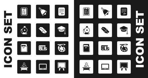 Set Exam sheet with A plus grade, Eraser or rubber, Ringing alarm bell, check Stock Illustration