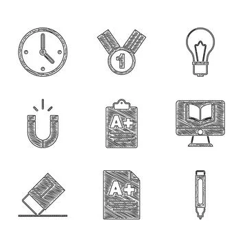 Set Exam sheet with A plus grade, Marker pen, Online class, Eraser or rubber Stock Illustration