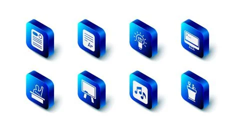 Set Exam sheet with A plus grade, Light bulb, Computer monitor, Pencil case Illustrazione stock