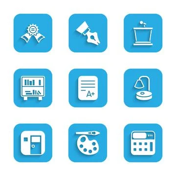 Set Exam sheet with A plus grade, Paint brush palette, Calculator, Table lamp Stockillustratie