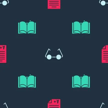 Set Exam sheet with A plus grade, Glasses and Open book on seamless pattern Stock Illustration