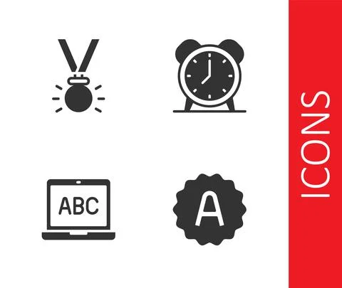 Set Exam sheet with A plus grade, Medal, Laptop and Alarm clock icon. Vector Stock-Illustration