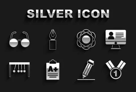 Set Exam sheet with A plus grade, Online class, Medal, Pencil eraser, Pendulum Stock Illustration