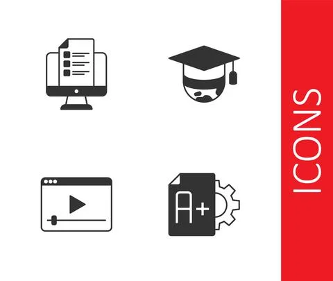 Set Exam sheet with A plus grade, Online quiz, test, survey, play video and Stock Illustration