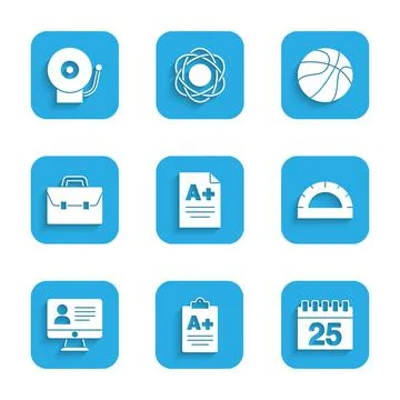 Set Exam sheet with A plus grade, Calendar, Protractor grid, Online class Stock Illustration
