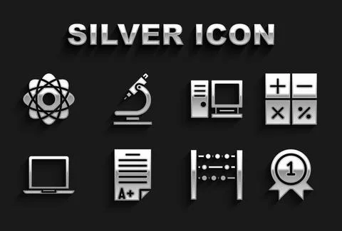 Set Exam sheet with A plus grade, Calculator, Medal, Abacus, Laptop, Computer Illustrazione stock