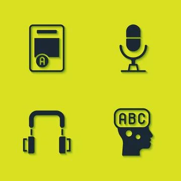 Set Exam sheet with A plus grade, Learning foreign languages, Headphones and Illustrazione stock