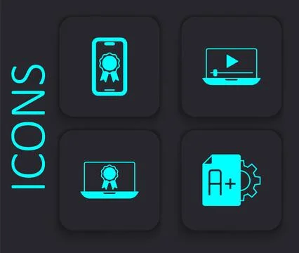 Set Exam sheet with A plus grade, Online education diploma, play video and icon Stock-Illustration