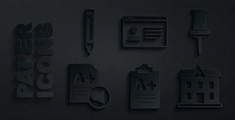 Set Exam sheet with A plus grade, Push pin, School building, Online class and 스톡 일러스트