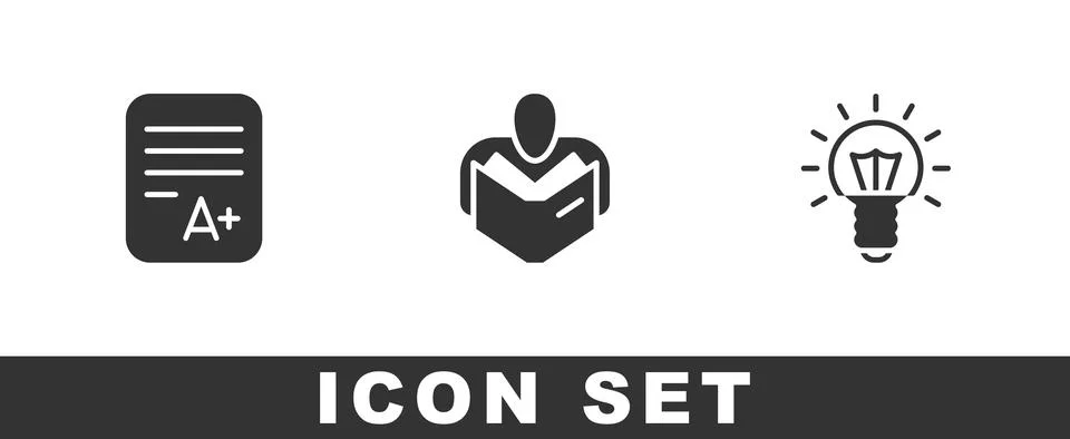 Set Exam sheet with A plus grade, Man reading book and Light bulb icon. Vector Stock Illustration