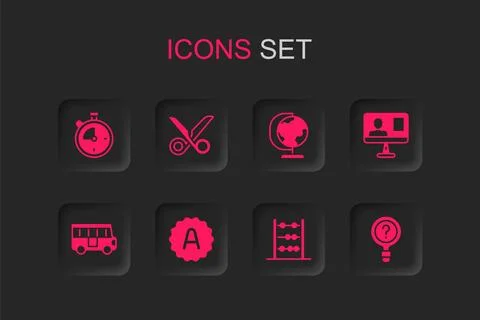Set Exam sheet with A plus grade, Scissors, Stopwatch, Abacus, Online class.. イラスト素材