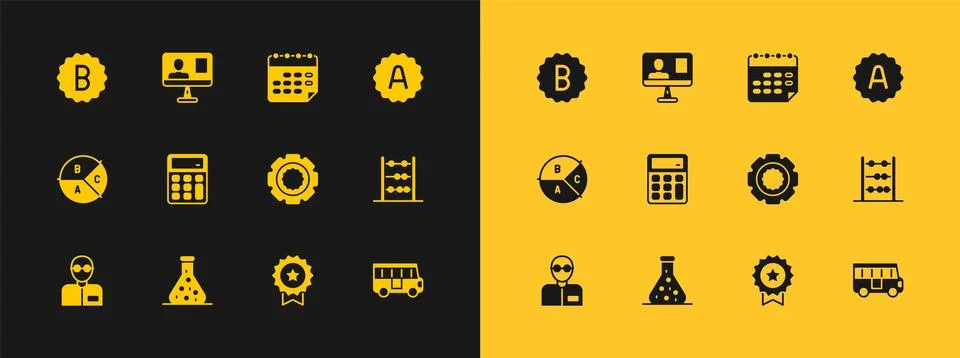 Set Exam sheet with A plus grade, Test tube, Gear, Medal star, Calculator, .. Stock Illustration