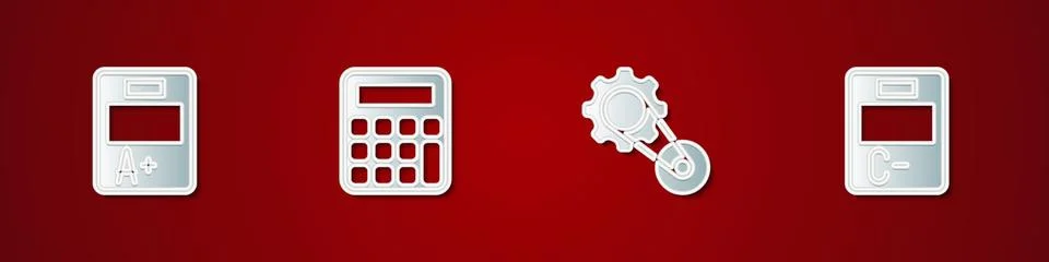 Set Exam sheet with A plus grade, Calculator, Timing belt kit and paper inc.. Illustrazione stock