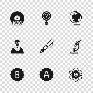 Set Exam sheet with A plus grade, Microscope, Atom, Fountain pen nib, Earth.. Stock Illustration