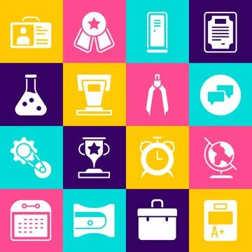 Set Exam sheet with A plus grade, Earth globe, Speech bubble chat, Locker o.. Stock Illustration