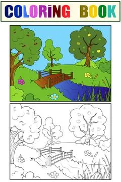 Set example color picture and black and white coloring book. Landscape nature Stock Illustration