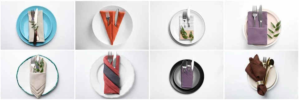 Set with examples of different beautiful table settings on white background,  Stock Photos