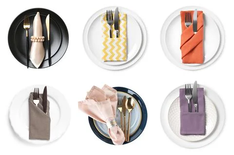 Set with examples of different beautiful table settings on white background,  Stock Photos