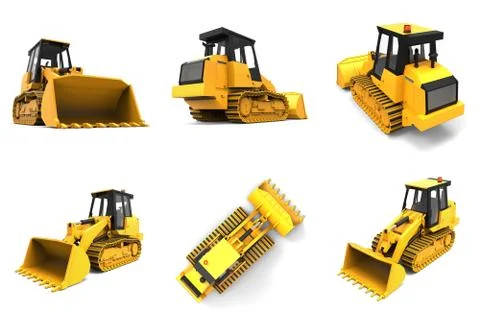 Set excavator on a white uniform background. Backhoe loader. 3d illustration 스톡 일러스트