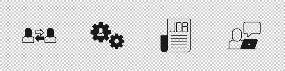 Set Exchange work, Human with gear, Search job and Freelancer icon. Vector Stock Illustration