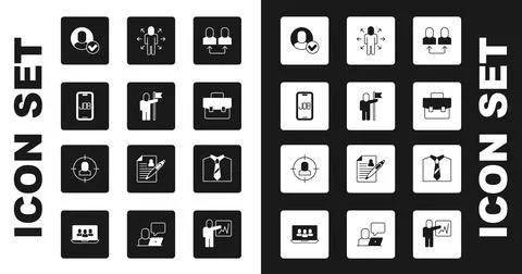 Set Exchange work, Man holding flag, Search job, Worker, Briefcase, Multitask 스톡 일러스트