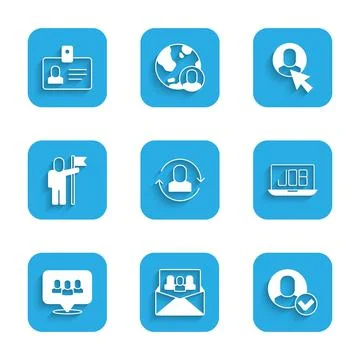 Set Exchange work, Project team base, Worker, Search job, Man holding flag, and Stock Illustration
