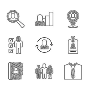 Set Exchange work, Project team base, Tie, Identification badge, Resume, Wo.. Stock Illustration
