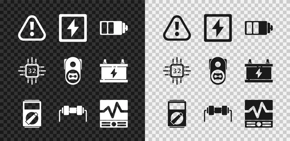 Set Exclamation mark in triangle, Battery charge level indicator, Multimeter イラスト素材