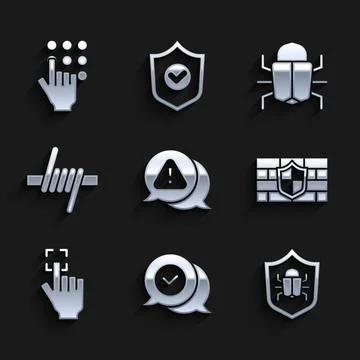 Set Exclamation mark in triangle, Check speech bubble, System bug, Shield with Illustrazione stock