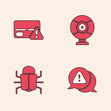 Set Exclamation mark in triangle, Credit card, Security camera and System bug 스톡 일러스트