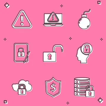 Set Exclamation mark in triangle, Laptop with exclamation, Bomb ready explode Illustrazione stock