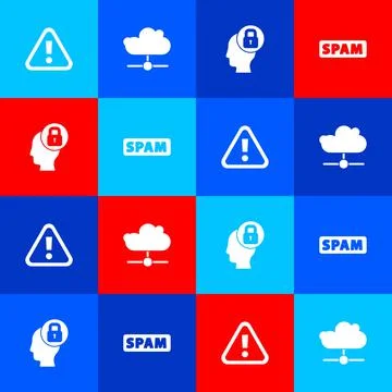 Set Exclamation mark in triangle, Network cloud connection, Human head with lock Stock Illustration