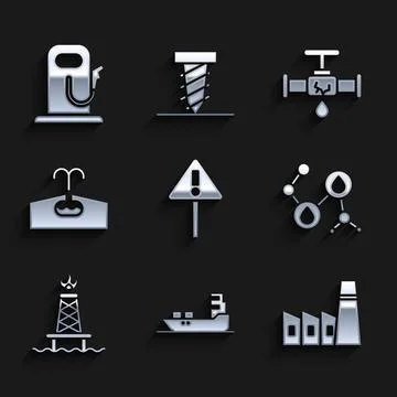 Set Exclamation mark in triangle, Oil tanker ship, industrial factory building Ilustración de archivo