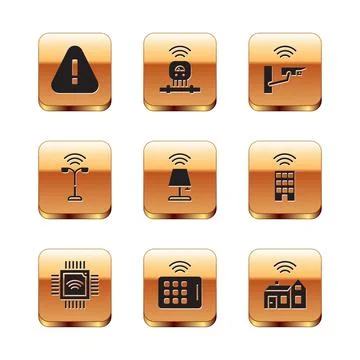 Set Exclamation mark in triangle, Processor with microcircuits CPU, Wireless 스톡 일러스트