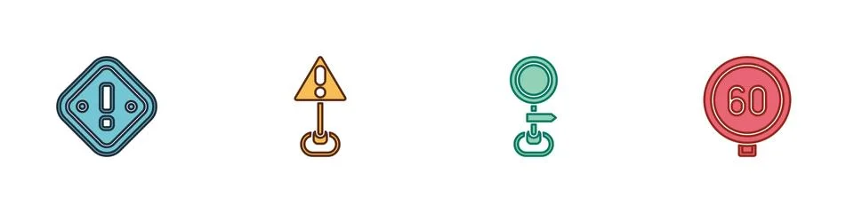 Set Exclamation mark in triangle, , Road traffic sign and Speed limit icon Stock Illustration