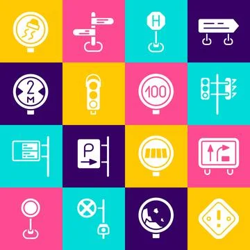 Set Exclamation mark in triangle, Road traffic sign, Traffic light, Hospita.. Stock Illustration