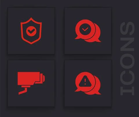Set Exclamation mark in triangle, Shield with check, Check speech bubble and Stock Illustration