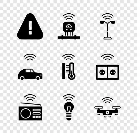 Set Exclamation mark in triangle, Smart sensor, street light, radio, bulb, drone Stock Illustration