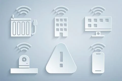Set Exclamation mark in triangle, Smart Tv system, security camera, Wireless Stock Illustration