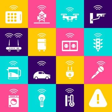 Set Exclamation mark in triangle, Wireless microphone, Smart traffic light Illustration