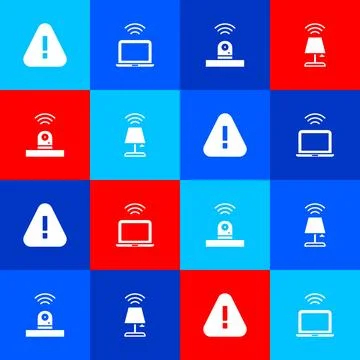 Set Exclamation mark in triangle, Wireless laptop, Smart security camera and 스톡 일러스트
