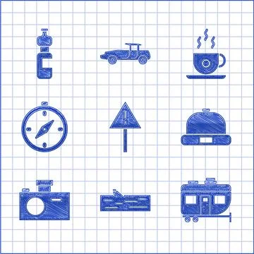 Set Exclamation mark in triangle, Wooden log, Rv Camping trailer, Beanie ha.. Stock-Illustration