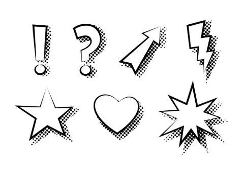 Set of exclamation, question, arrow, lightning, star, heart, explosion flat icon Stock Illustration
