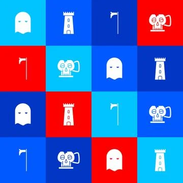 Set Executioner mask, Castle tower, Medieval axe and Cup from the skull icon Ilustración de archivo