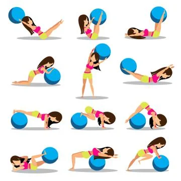 Set of exercise ball workouts design Stock Illustration
