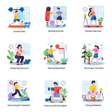 Set of Exercise Flat Illustrations Stock Illustration