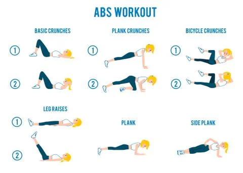 Set of exercises for step by step training, fitness and abs workout with woman. Stock Illustration